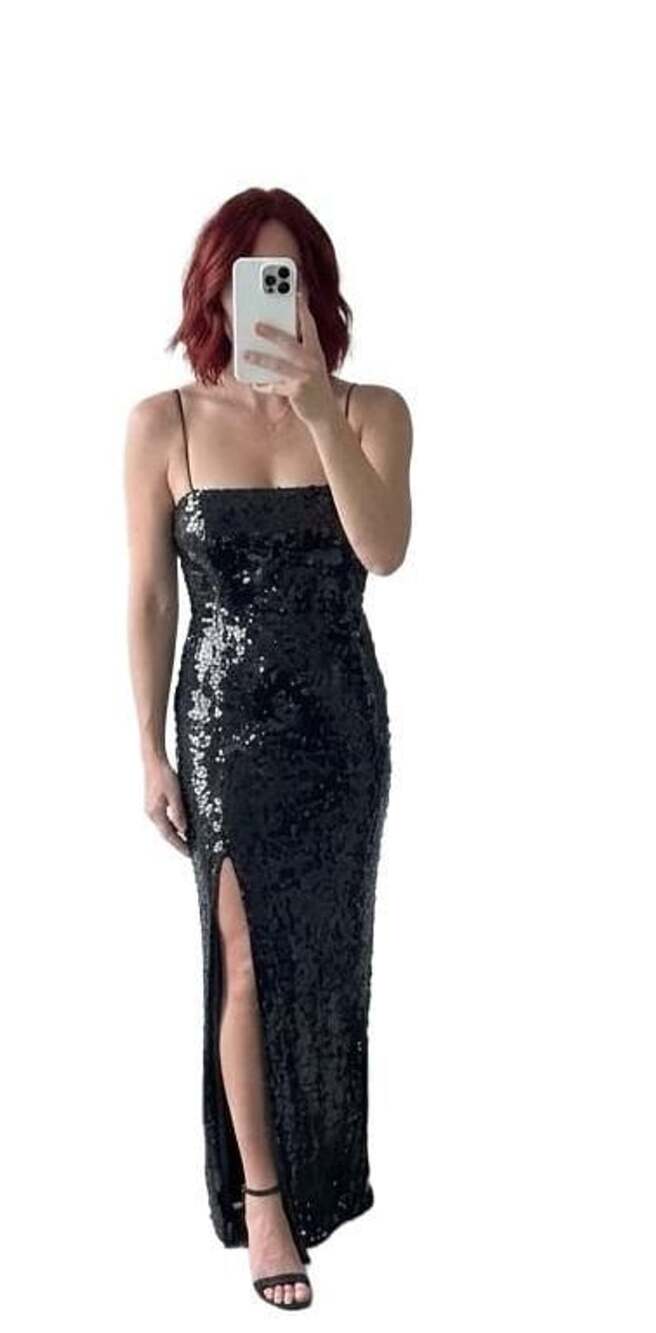 Sz 2 Antonio Melani Black Sequin Spaghetti Strap Maxi Dress with Side Slit
